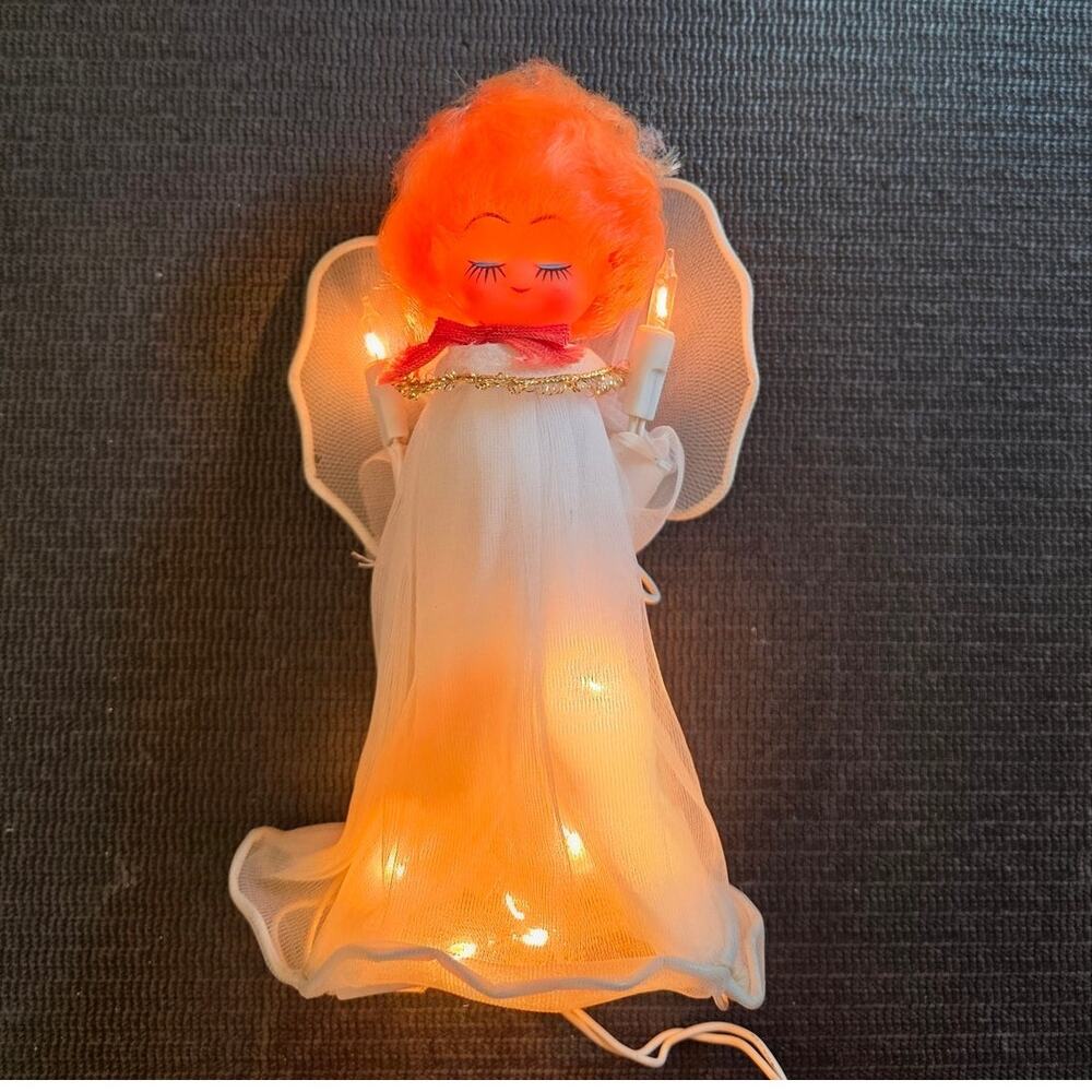 Vintage Christmas Everglo Tree Topper Mesh White Angel 50s White Lights